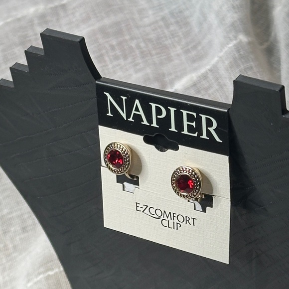 Napier Gold & Garnet Red Comfort Clip Earrings NWT Gifts - Picture 7 of 10